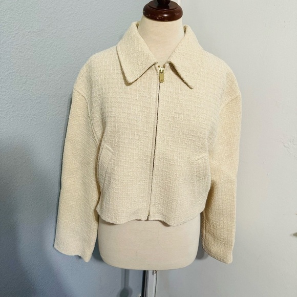 Zara Women Bloggers Favorite Ecru Textured Weave Bomber Collared Zip Jacket Sz M - Picture 7 of 17